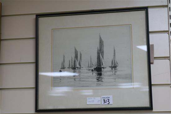 Norman Wilkinson (1878-1971), Fishing fleet in a calm sea and another etching by Charles Henry Baskett (1872-1953)